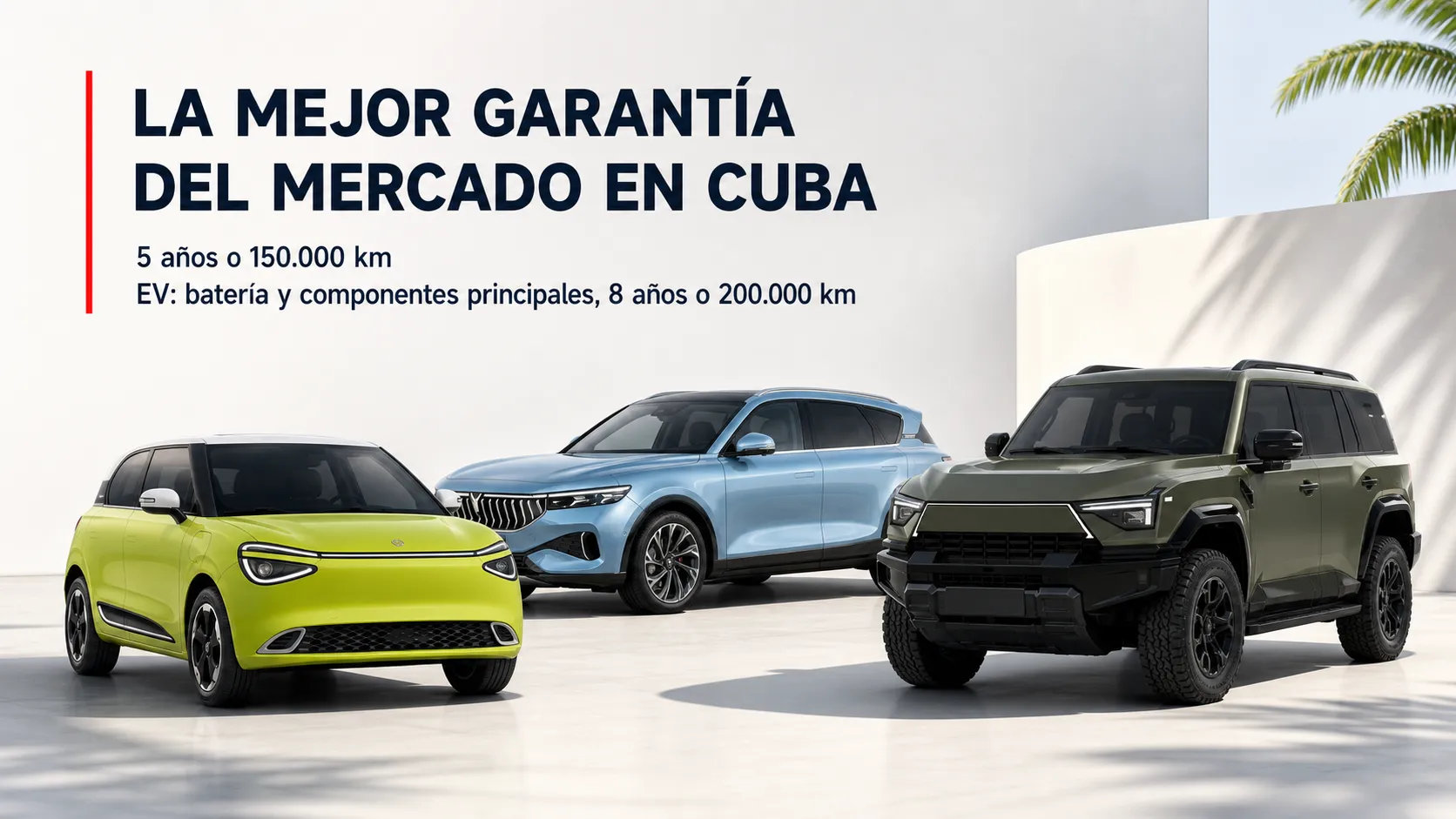 Collage editorial de tres modelos Dongfeng Cuba con mensaje sobre la nueva garantía principal y cobertura EV.