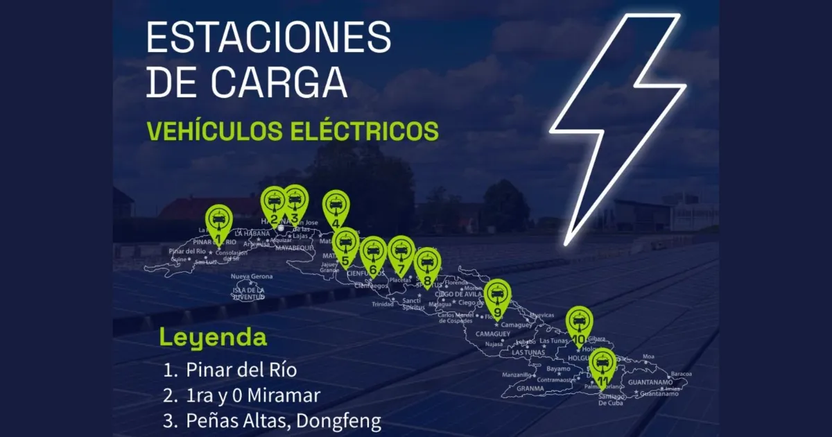 Mapa de Cuba con puntos de nuevas estaciones de carga para vehículos eléctricos.
